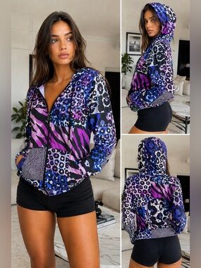Versace Beachwear Gym Mixed Animal Print Zip Hoodie IT 38 | Rare Vintage